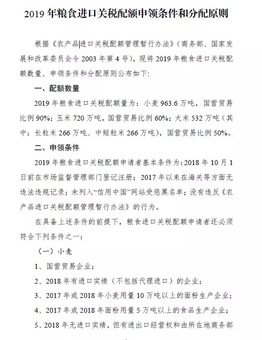 2019糧食棉花進(jìn)出口報(bào)關(guān)申請(qǐng)配額出爐