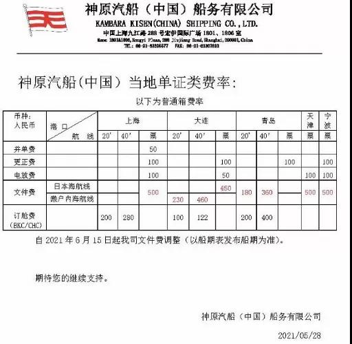 神原汽船上調(diào)自寧波出口至日本偏港的所有預(yù)付海運費