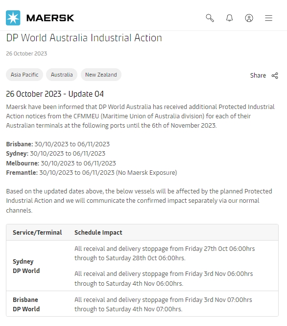澳洲大罷工！馬士基：物流嚴(yán)重延誤！